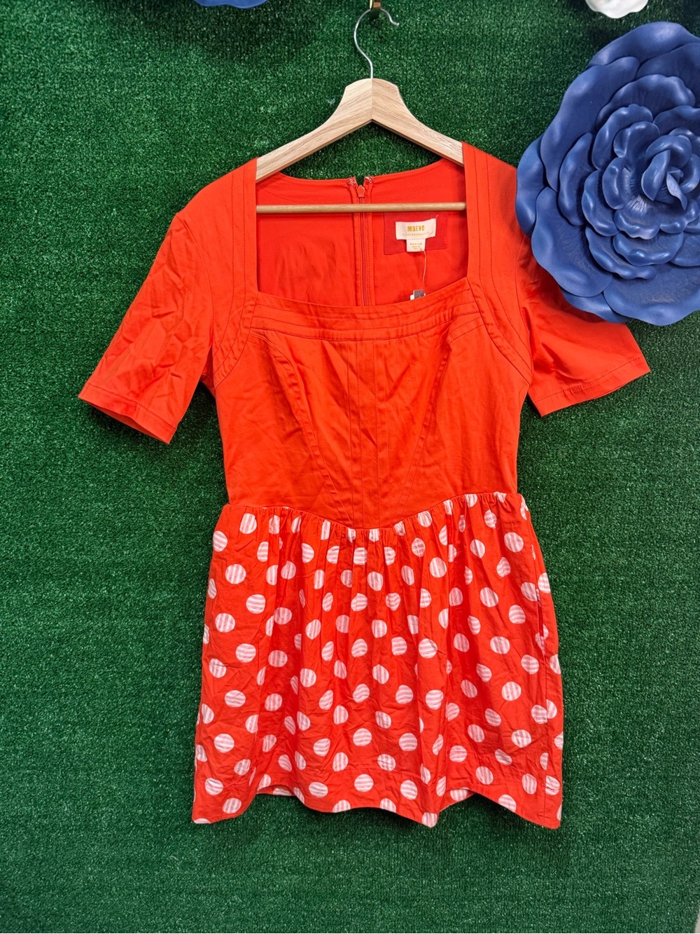 Maeve by Anthropologie Orange/White Polka Dot Fit & Flare Dress M